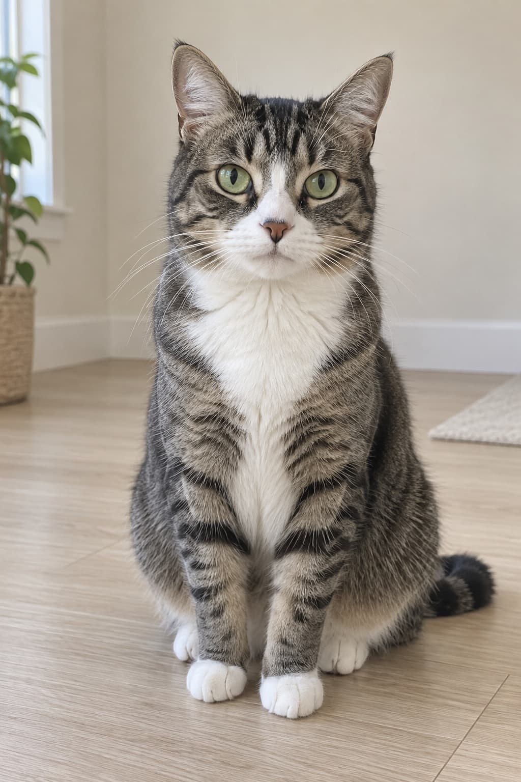 Fictional gray tabby cat with a white chest, photographed at home