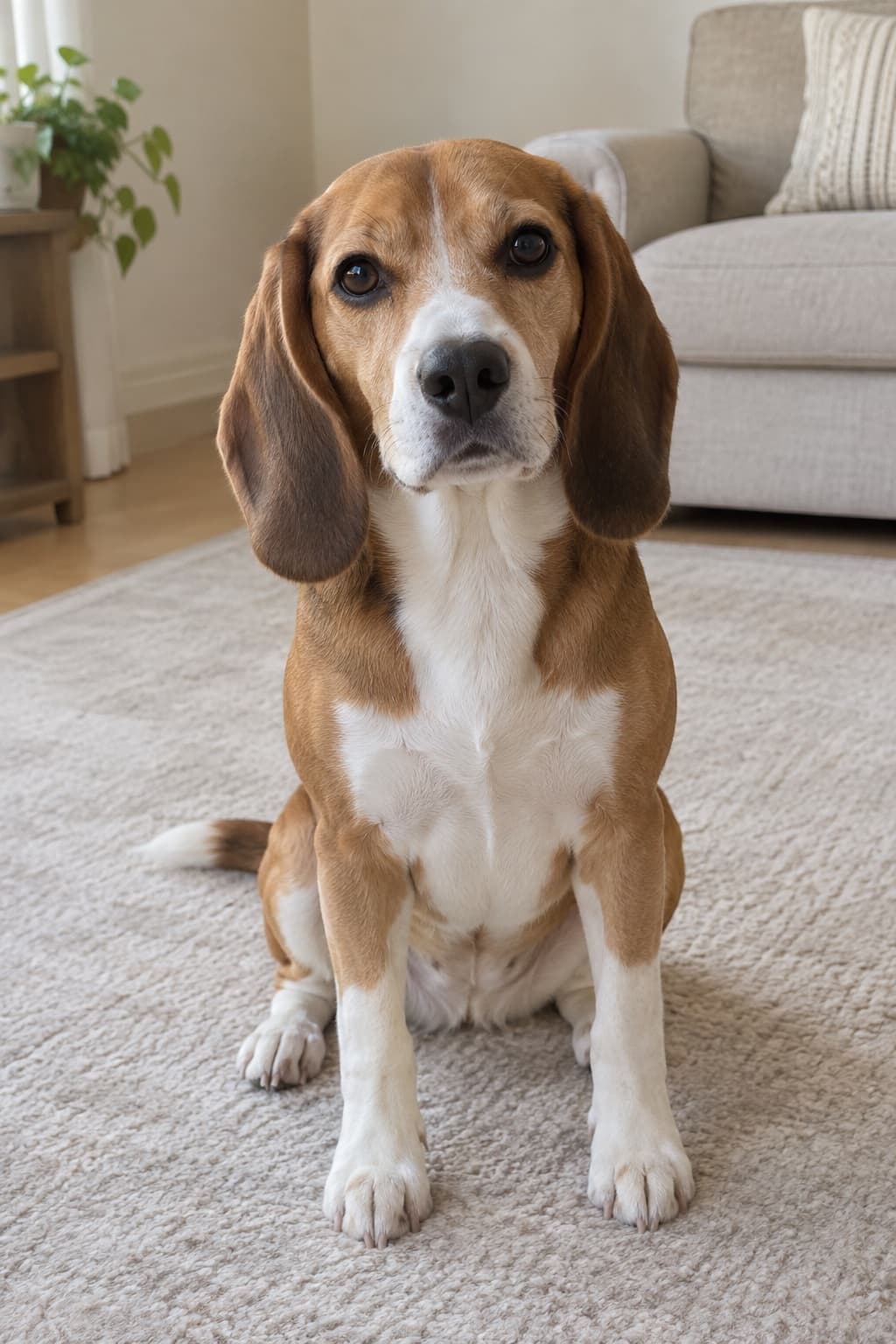 Fictional brown-and-white beagle with long ears, photographed at home