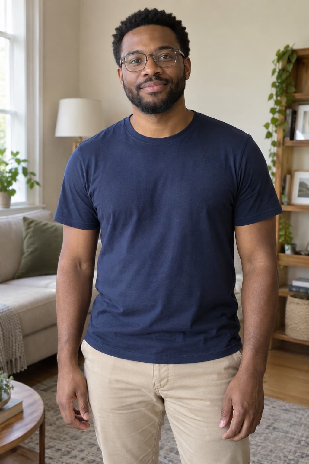Fictional adult wearing glasses and a navy T-shirt, photographed at home